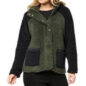 Lacey Chabert Comfy Chic Sherpa Jacket With Removable Hood Olive & Black SM NWT